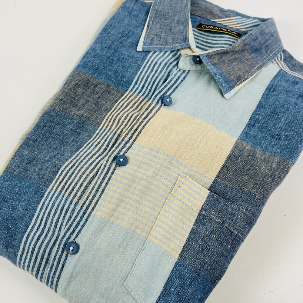 Cubavera‎ Button-Up Shirt Mens Bowling Camp Plaid Short Sleeve 100% Linen XL